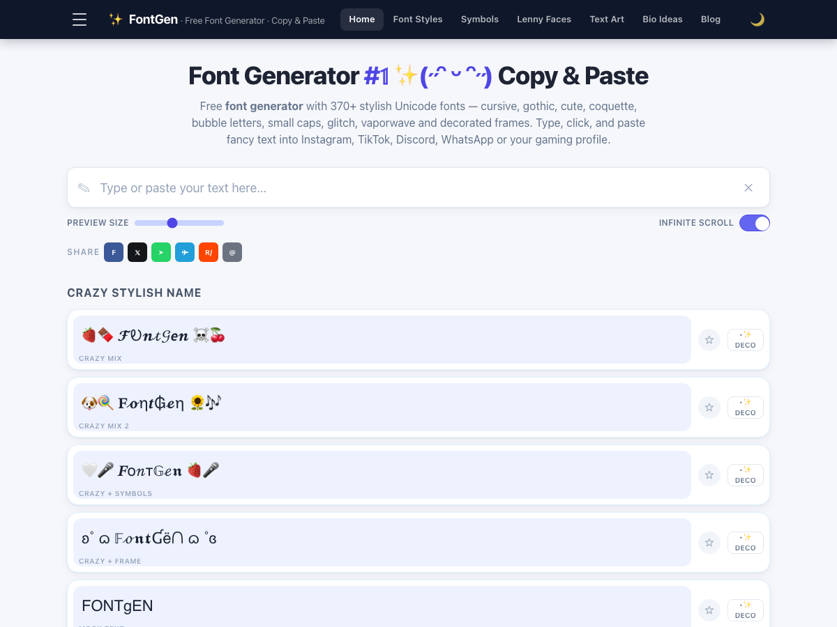 FontGen font generator tool interface showing live fancy font styles as the user types
